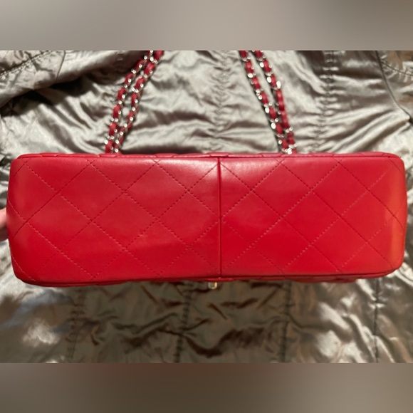 Authentic CHANEL Red Leather Jumbo Double Flap Bag Purse Silver Hardware RARE! - Picture 10 of 16